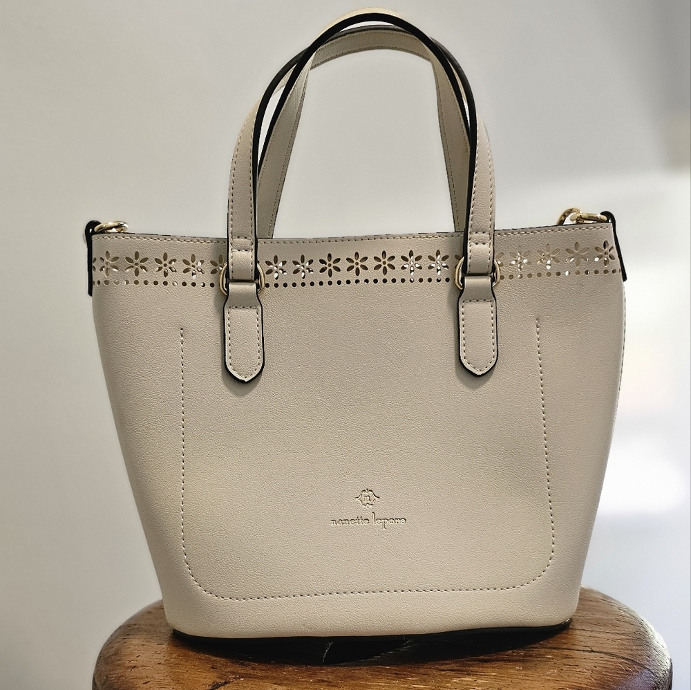 Nanette Lapore bucket crossbody bag in off white.